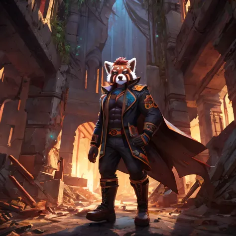 (Red Panda Man Anthro), muscle, bonitas, technological clothes with the fur showing a little, Archaic symbols on the coat, in ruins underground, luminescent glows in the ruins, fine-detailed, 8k