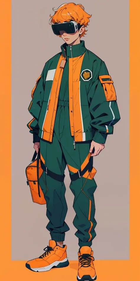 full body image, (ultra detailed,ultra high resolution,detailed background),((2d)),((flat color)),((dull color)), 1SOLO, looking at the viewer, baggy flight suit, oversized bomber jacket with sheepskin collar, (yellow, violet, cian, green, orange:1.3), plu...