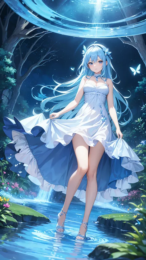 Girl 1, shiny blue hair, walking in water, lifting dress with hand, magic forest, magic lake, butterflies, at night, best quality, very detailed, high resolution, detailed wallpapers