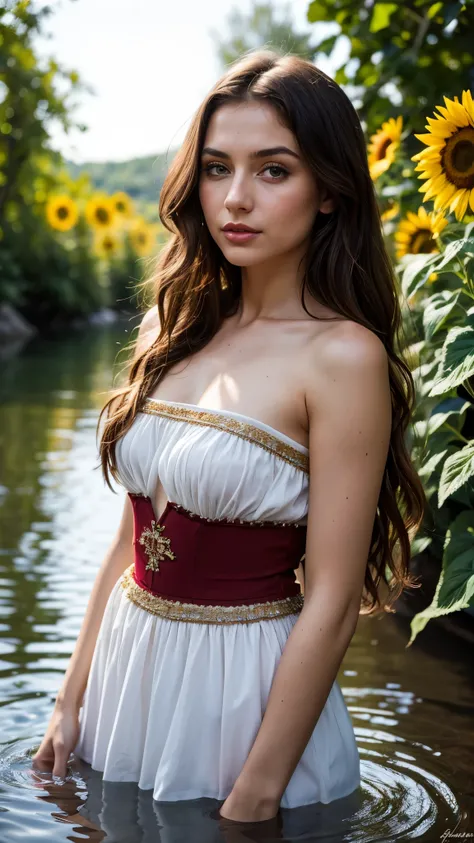  (((Chara Sophia))) 1 of 18 years, just, long messy hair, bangss, average size , brunette hair, whole body, realistic lips ukrainian woman in a dress standing in the water, fantasy closeup with water magic, fine art fashion photography, lots of Merlot, ins...