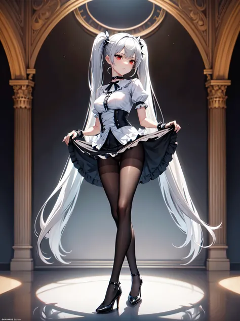 jfrsd, twintails, sidelocks, star hair ornament, twintails, sidelocks, star hair ornament, ring hair ornament, choker, frills, fingerless black gloves, white thighhighs, silver hair, full body shot, stockings, red eyes, modern apartments balcony, on balcon...