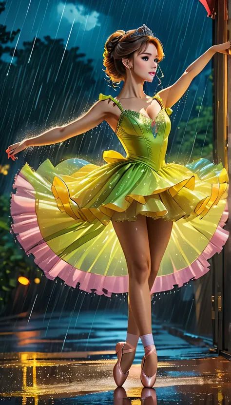 a portrait of female classical ballet prima ballerina dancing in the rain, a full body picture ((anatomically correct: 1.5)) of a exquisite beautiful female dancer wearing silk diamond tutu dress, intricate dress dynamic hair color, dynamic hair style, dyn...