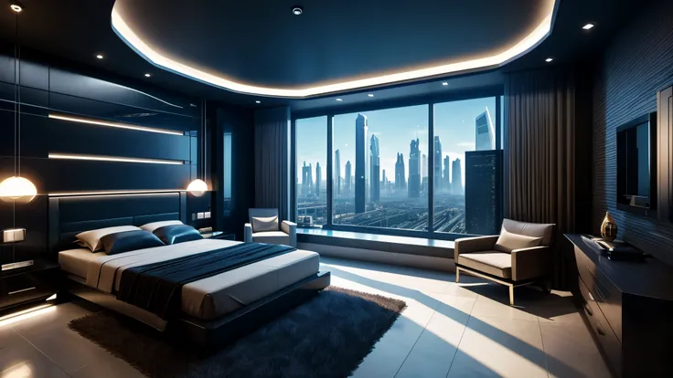 scifi, architectual, space design, cyberpunk, futuristic, luxury bedroom, hightech, hard-surface design, daylight, much tech, much electronic, much space, very cozy, ambient light, realistic view, wide angle, year 2124