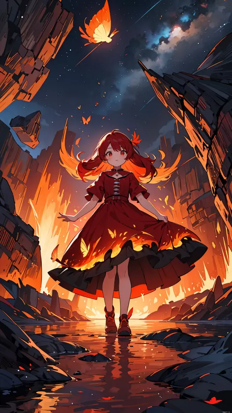 Girl 1, bright red hair, walking on a lake of lava, lifting dress with her hand, magic cave, lava lake, fire butterflies, at night, best quality, very detailed, high resolution, detailed wallpapers