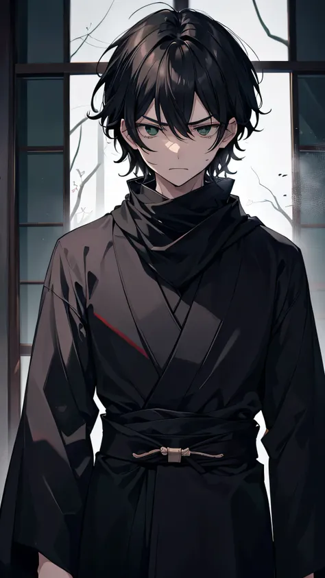 tasiho period Japanese man, dark aesthetic, moody, eerie, aura, menacing, intimidating, overwhelming presence, spiritual pressure, cool guy, stern look, short curly black hair, green eyes, black scarf, white haori, black undershirt