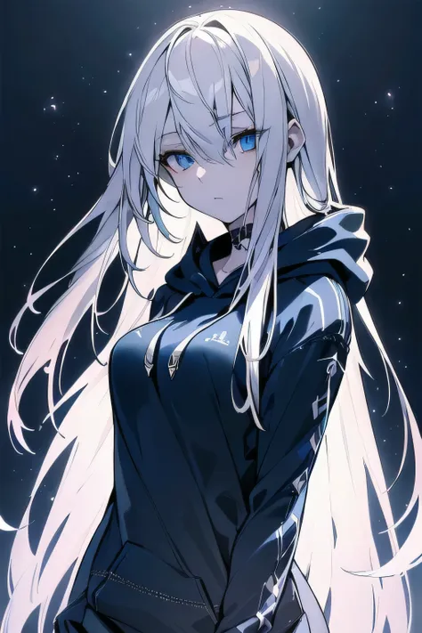 ((masterpiece)), ((best quality)), ((best illustration)), ((ultra-detailed)),((photorealistic color)), 1 lady, solo, teenager, absurdly long hair, white hair, straight hair, ((blue eyes)), ((ultra detailed eyes)), ((ultra detailed face)), gloomy, hoodie, t...