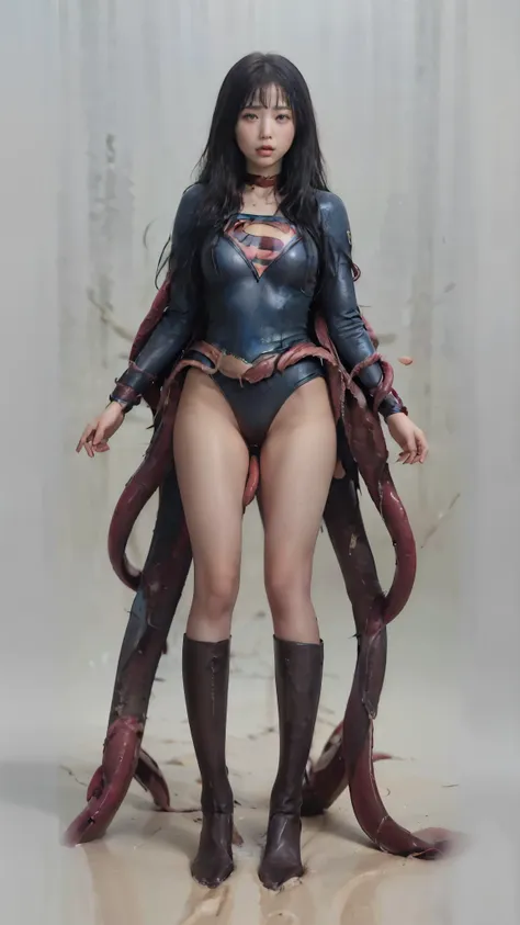 no background、i close my eyes and suffer、supergirl is attacked by tentacles、tentacle nest、many tentacles pierce the crotch、be su...