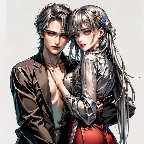 (masterpiece), (5k), (best quality), 2d couple, ((a young gray hair couple)), ((a gray hair woman ,  sharp eyes, slit_ pupils, p...