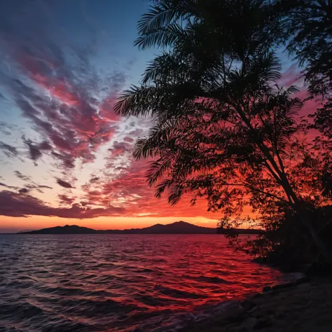 Ultra-high resolution, 4K, Super detailed, Movieような, a photograph of  Juxtaposition of a red sunset with palm woods and a body of water,Juxtaposition,artistic,photograph,Dramatic Light,Dramatic shadow light,Contrast,saturated color,Movieような,Movie,photograp...