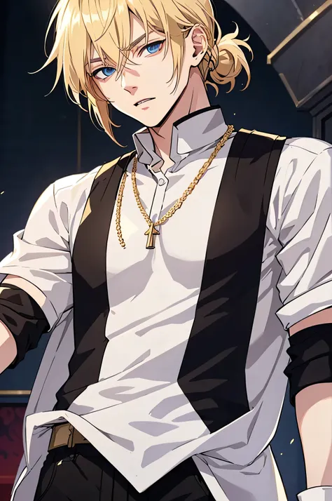 Anime attractive man, 20 year old, blonde hair, very very short ponytail, tall, muscular, white casual shirt, gold lining, solo, one person, knight, black gloves, golden arm bracers, high resolution, high quality, masterpiece, masculine face, gold necklace...
