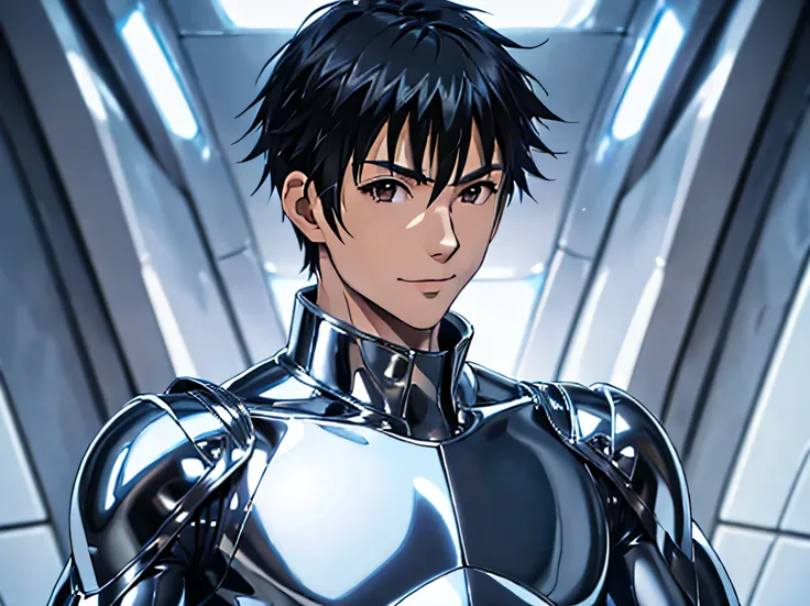 Handsome Japanese male models 22 years old smile Black Hair Short cut Short bangs looking at the camera Shiny full-body silver suit Shiny silver latex suit Mega Bulge looking at the camera future world Upper body close-up Face close-up F...