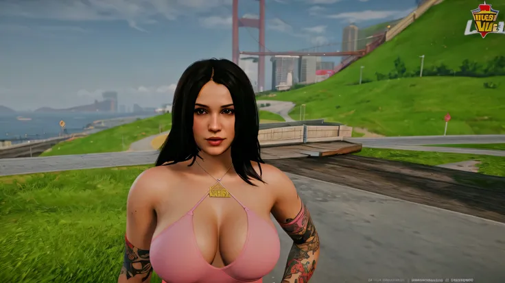 A brunette woman, with a cleavage on the breasts, ultra realistic photo webbing, high qualiy, 4K, GTAV, 