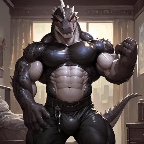 solo, anthro, furry male, T-Rex, ((Detailed muscles)), (T-Rex print), black scales, white belly, spiny scales, standing up, mens bodybuilding pose, front double biceps pose, bodyguard outfit, black claws, red eyes, slit eyes, slim fit, muscular slim, crack...