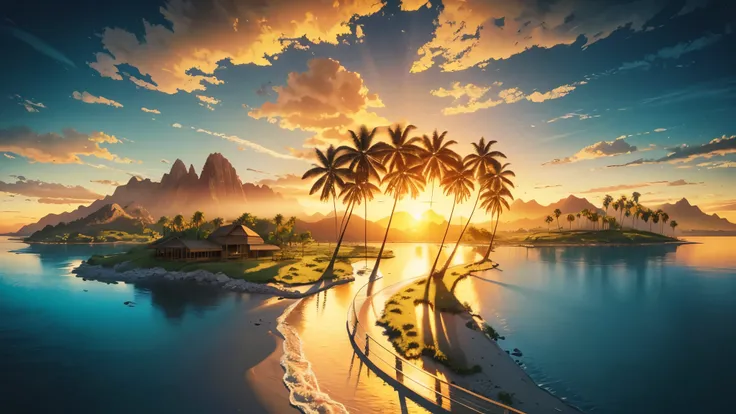 photorealistic landscape, natural landscapes, naturals, Beauty of Natures, golden sunset, sky, sky Power, Detailed Realistic Sunset, palmtrees, mountainous landscape, Rivers of water, Realism Sunset, Natural Treess, Lonely Men, man on his back, man&#39;s b...