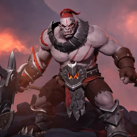 a close up of a man with a sword and a helmet on, grog strongjaw, berserker, menacing orc, orc warrior, erebos’s titan, 8 k hd resolution, orc, intimidating stance, demon berserker, barbarian, darksiders style, red hairs, make it a handsome ord