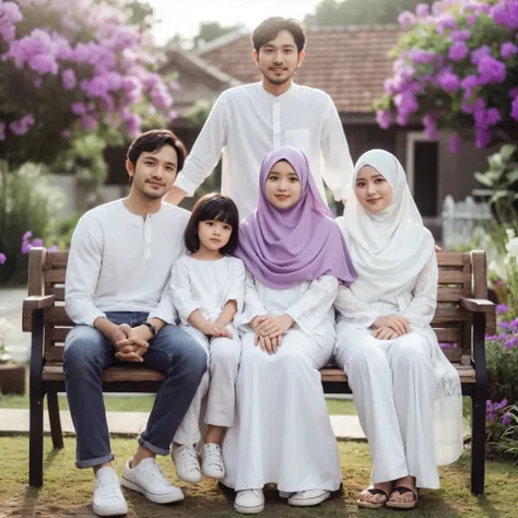 Outdoor photography, Indonesian family, close range, five members: a 35-year-old father and a slightly overweight 40-year-old mother, an 18-year-old hijab-wearing girl, a 14-year-old boy, and a 3-year-old girl, all wearing casual white clothes for men and ...