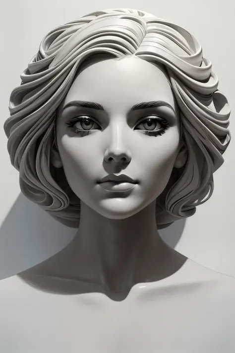 **Artistic, stylized image featuring the serene and ethereal visage of a "[Beautiful Skeleton Queen]. The face is sculpted in a soft, monochromatic gray tone, giving it a calm and peaceful appearance. The edges of the face blend into flowing, ribbon-like s...