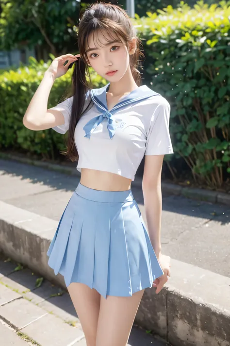 (ultra hd), (looking at me), (the whole body is shown), (light blue short sleeve sailor uniform, light blue mini skirt), big bre...