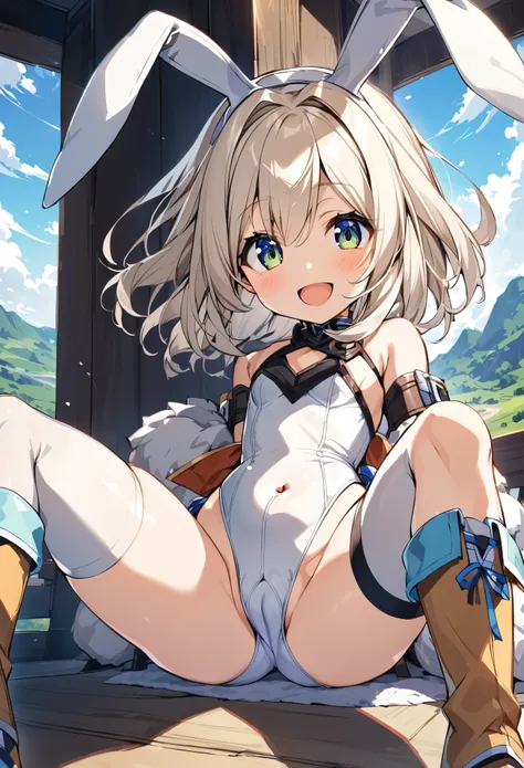 ,1young_teen_ girl,brown_hair,medium_bob_hair,platina_blond_hair,white_leotard,covered_crotch,thigh-highs,smile,standing,bluesky_landscape_background,slightly_spread_legs,happiness, short_gloves ,solo, r18, navel,relicbuster,short,boots,open_mouth,sitting,...