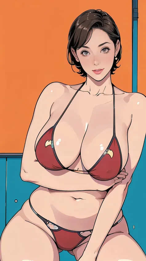 1，short hair，Photorealism，detailed，masterpiece，mature，((full))， (Broad shoulders), ((Huge))，（Slingshot swimwear:1，Showing cleavage，look at your thighs，On a beautiful beach，smile，masterpiece，高品質のAn illustration,, An illustration：Zoe Mozart, pin up art byZoe...