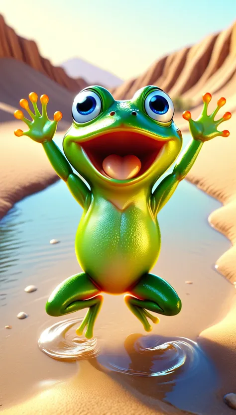 cute tiny frog, cartoon , arms, hands ,cute eyes, looking at viewer, arms up, close, desert, water