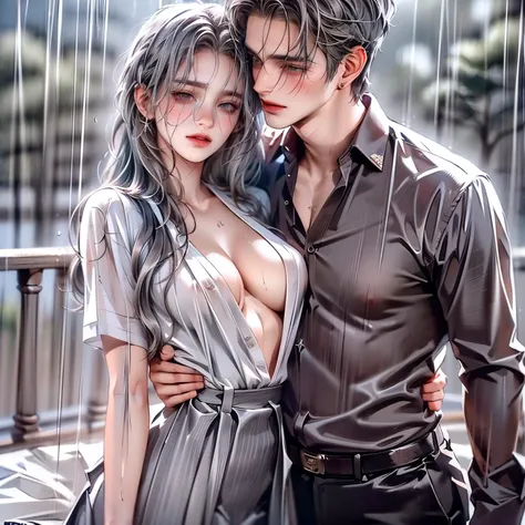 (masterpiece), (5k), (best quality), 2d couple, ((a young gray hair couple)), ((a gray hair woman ,  sharp eyes, slit_ pupils, p...