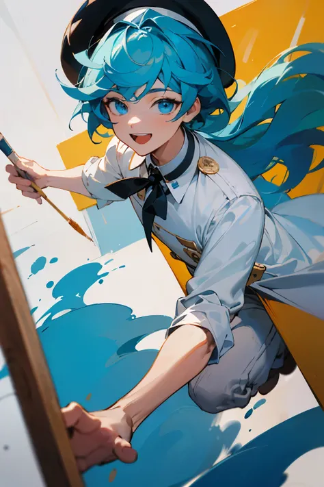 ((best quality)), ((masterpiece)), (detailed), Male, neck lenght hair, cyan hair, blue eyes, white clothes, painting, Canvas, holding brush, excited, smilling, black beret hat