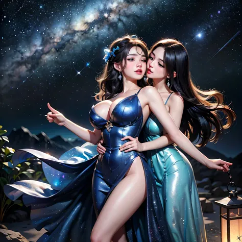 group_mf, 2girls, a beautiful, cute fairy in the starry night sky, (2 sexy and cute fairy sisters), close friends, yuri, kiss on the forehead, detailed face, long eyelashes, detailed eyes, detailed lips, detailed nose, detailed ears, flowing hair, glowing ...