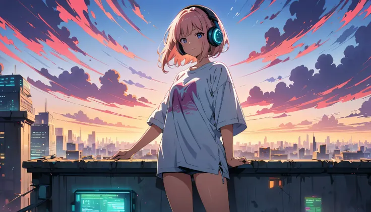 (masterpiece, Highest quality:1.2), (Anime artwork, Anime Style, Studio Anime, Very detailed, Latest, Vibrant, Anime Coloring, High Contrast, masterpiece:1.2, Highest quality, Best aesthetics), ((View from the roof of the building:1.2, A woman stands on th...