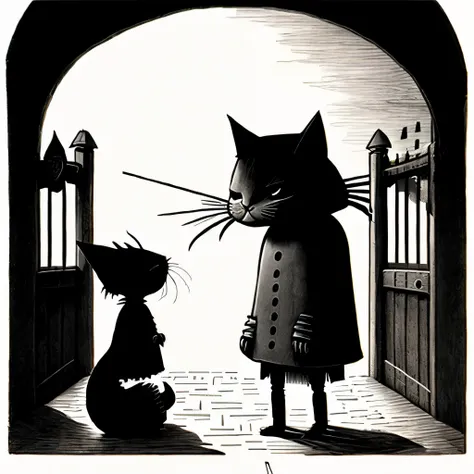 john kenn mortensen style - high resolution, surreal,cat、conversation with the devil