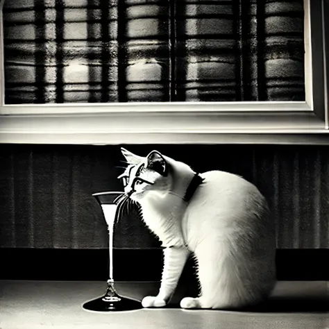 john kenn mortensen style - surreal、black and white photography、contemporary photography、cat drinking water