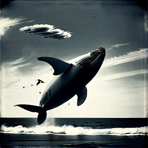 john kenn mortensen style - surreal、black and white photography、contemporary photography、whale flying in the sky