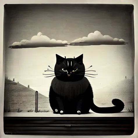 john kenn mortensen style - surreal、black and white photography、contemporary photography、talking cat