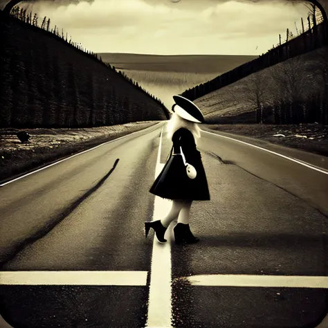 john kenn mortensen style - surreal、black and white photography、contemporary photography、cat crossing the road