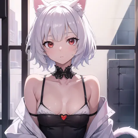 neferpitou, short hair, (red eyes:1.5), animal ears, white hair, shorts, cat ears, cat tail, curly hair, (small breast:1.2), BREAK looking at viewer, BREAK outside, BREAK (masterpiece:1.2), close up , best quality, high resolution, unity 8k wallpaper, (ill...