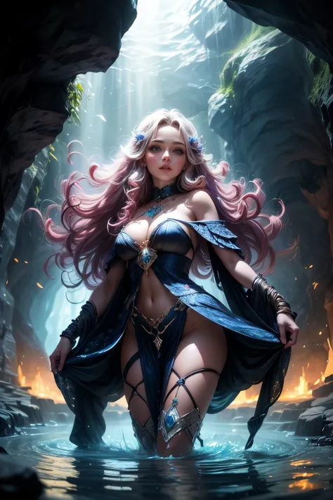 "In the heart of the amazing cave, Girl with flowing hair explores breathtaking underground cave. She is surrounded by giant, Sparkling Gems, Its vibrant colors give off a magical charm.. The play of light and shadow adds depth and mystery to the scene..