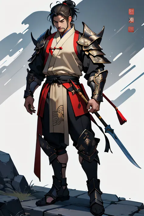 There was a man wearing Chinese clothing and holding a halberd. ,Characters in the Three Kingdoms, ancient soldier, Wearing Chinese iron armor, , Chinese warrior character design,Use Chinese halberd weapons, lu bu ,Novel Image ,Yellow tones,Yes, it&#39;s a...