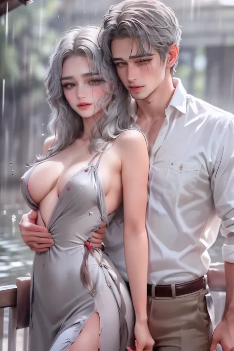 (masterpiece), (5K), (best quality), 2d Couple, ((a young gray hair couple)), ((a gray hair woman , sharp eyes, slit_ pupils, pale eyes, small boobs, red dress)), brown eyes, ultra well detailed eyes, ((a gray hair guy wearing a prince cloth)), beautiful c...