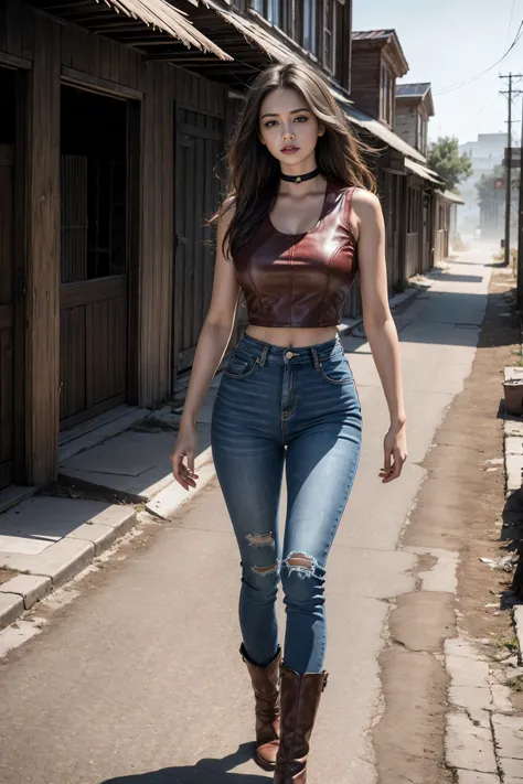 Woman in denim circa 1880s, Brown long straight hair, Brown eyes, High arched eyebrows, Slender and graceful neck, Red lips, Large Breasts, Brown Leather Leggings, Sleeveless Brown Leather Vest, Leather Boots, Walking on the dusty sandy streets of a desert...