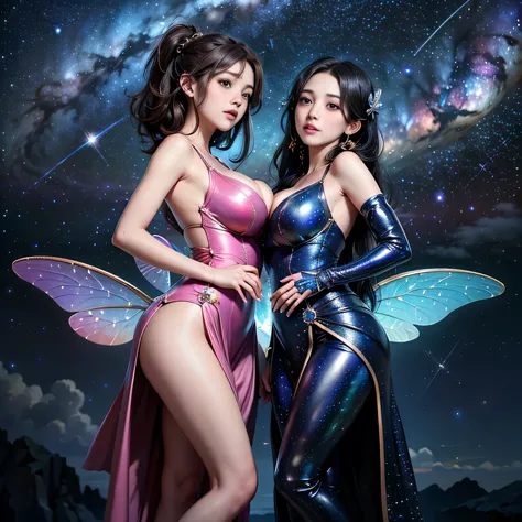 group_mf, (2 girls),  (from below), a beautiful, cute fairy in the starry night sky, (2 sexy and cute fairy sisters), close friends, yuri, kiss on the forehead, detailed face, long eyelashes, detailed eyes, detailed lips, detailed nose, detailed ears, flow...