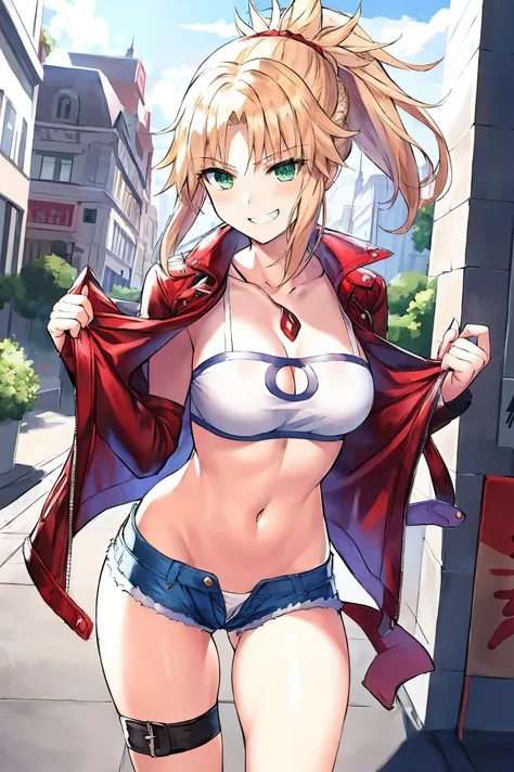 Masterpiece, Best Quality, illustration, city_street_landscape, 1girl, Mordred (fate), cowboy shot, collarbone, Detailed blond hair ponytail braid, green eyes, Red leather jacket, White short blouse, denim shorts,navel,thigh-high,grin, covered_pussy,skiny,...