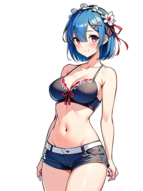 all realistic intricate details, masterpiece, best quality, highres, rem1, 1girl, solo, rem (re:zero), blue hair, short hair, red eyes, hair over one eye, ribbon trim, hair ribbon, x hair ornament, frills, crop top white, denim shorts,medium breasts, cleav...