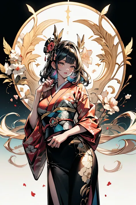 night，Japanese，(A beautiful woman)，Slim，Large Breasts(1.6)，Sexy，Glamorous，Golden ratio style，Perfect style，Gorgeous girl makeup，，bedroom，Oiran，prostitute，Sunny Day Outfit，Hang up，Golden Brocade，((Gorgeous kimono))，Cutting board strap at front，tie hair，hair...