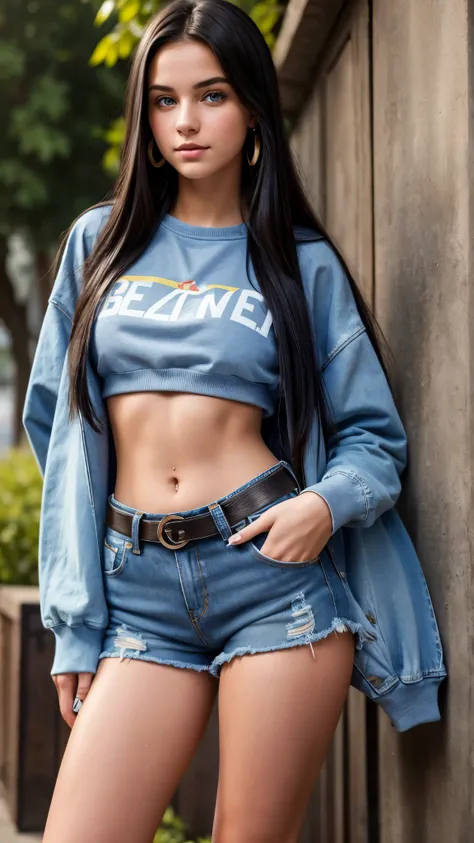 Beautiful 18-year-old brunette girl with fair skin, blue eyes, long straight black hair, wearing earrings, wearing a sweatshirt and short high-waisted denim shorts with a belt and showing the T-shaped belly button of her thick legs