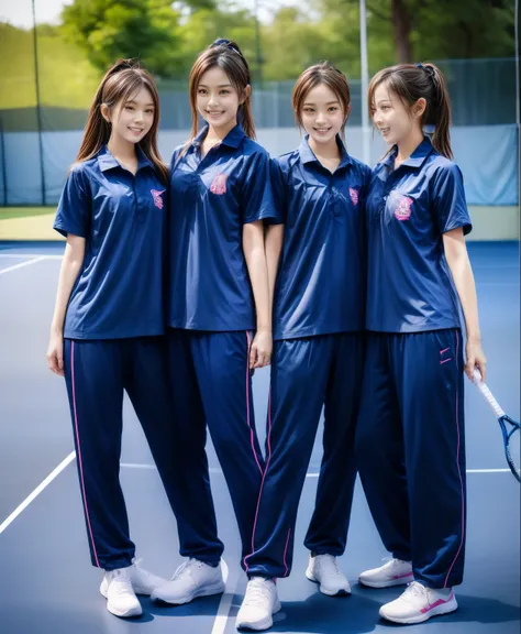 3 girls play tennis at tennis courts, navy blue short-sleeved shirt,navy long trackpant,sweatpants, sweatpantsขายาว,25 year old ...