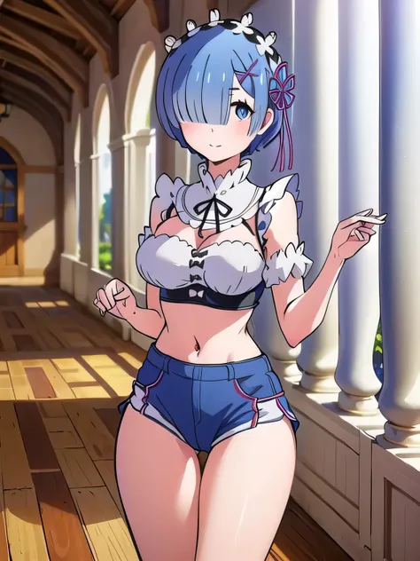 all realistic intricate details, masterpiece, best quality, highres, rem1, 1girl, solo, rem (re:zero), blue hair, short hair, red eyes, hair over one eye, ribbon trim, hair ribbon, x hair ornament, frills, crop top white, denim shorts,medium breasts, cleav...