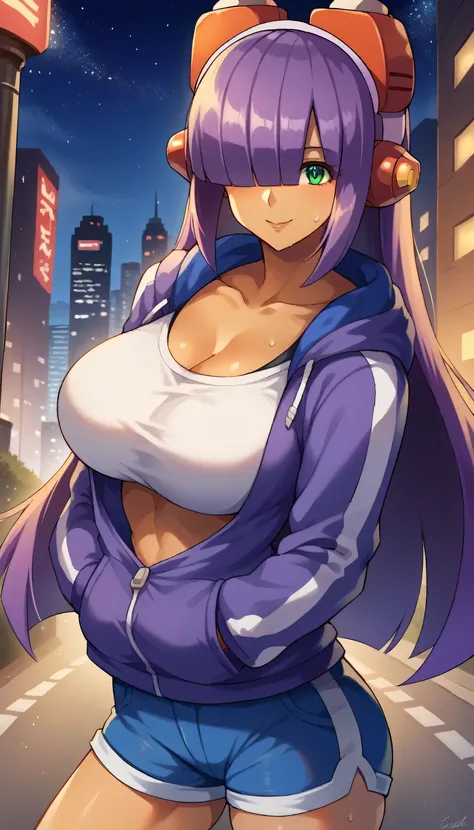 headphones, city, building, skyscraper, cityscape, earmuffs, night, 1girls, female focus, star (sky), solo, shoes,  street, city lights, outdoors, sky, hoodie, shorts, starry sky, night sky, sneakers, skyline, hood, road, tower,Looking at the viewer,large ...