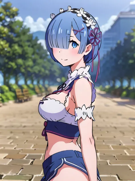 all realistic intricate details, masterpiece, best quality, highres, rem1, 1girl, solo, rem (re:zero), blue hair, short hair, red eyes, hair over one eye, ribbon trim, hair ribbon, x hair ornament, frills, crop top white, denim shorts,medium breasts, cleav...