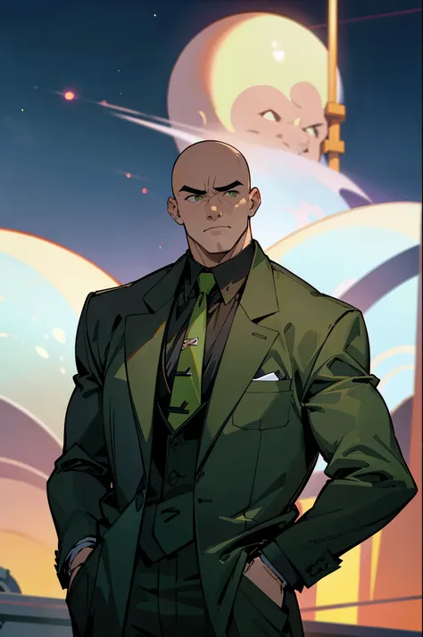 1 man, solo, upper body shot, lex luthor, middle-aged man, bald head, square jawline, lean muscle, broad shoulder, emotionless f...