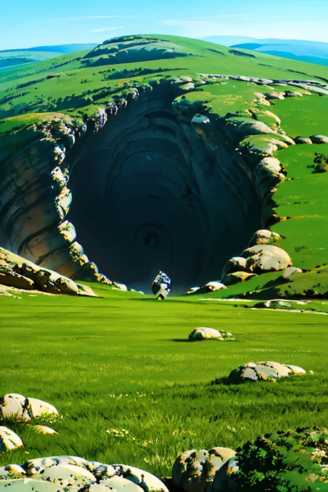 the terrain is somewhat uneven, full of reliefs and rocks, in the center of this scene there is a white ball of energy floating over a crater